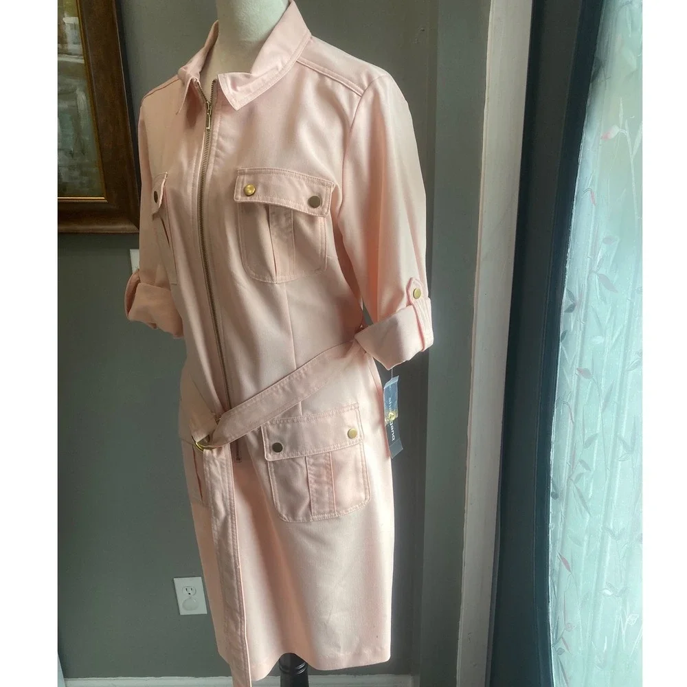 Sharagano Pink Utility Shirt Dress Zip Front Belted Cargo Pockets Size 14 NWT